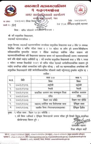 कक्षा  ४,५,६,७ र ९ को वार्षिक परीक्षा कार्यतालिका २०८१